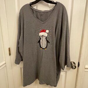 Catherines 3/4 Sleeve Gray Holiday Penguin Top Embroidered Sequins size 3X